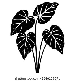 Striking silhouettes are rendered in solid black, depicting broad, stylized foliage that stands out against a stark white background, creating a simple, elegant visual statement.