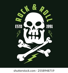 A striking skull design showcases rock and roll themes featuring crossbones and lightning bolts. The bold style indicates a passion for music and rebellion since 1991.