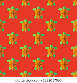 Striking square tile with an amusing animal portrait. Seamless pattern with turtle on persian red background. Design for a wall mural with an animal illustration.