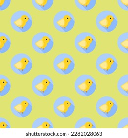 Striking square tile with an amusing animal portrait. Seamless pattern with chick on sacramento state green background. Design for notebooks with illustrations of domestic animals.