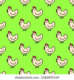Striking square tile with an amusing animal portrait. Seamless pattern with hen on inchworm background. Design for a greeting card with an animal graphic.