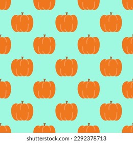 Striking square tile with an amusing food portrait. Seamless pattern with pumpkin on oxford blue background. Design for websites to help create a unique and memorable experience.