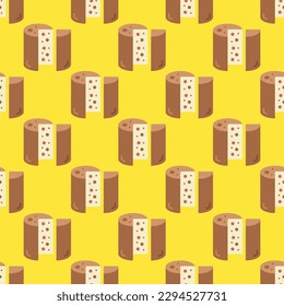 Striking square tile with an amusing food portrait. Seamless pattern with cake on black background. Design for an absorbent wrap for burgers.