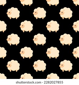 Striking square tile with an engaging animal portrait. Seamless pattern with sheep on black background. Design for a placemat with an animal picture.
