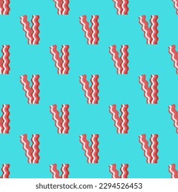 Striking square tile with an engaging food portrait. Seamless pattern with bacon on medium turquoise background. Design for a scrolling border.