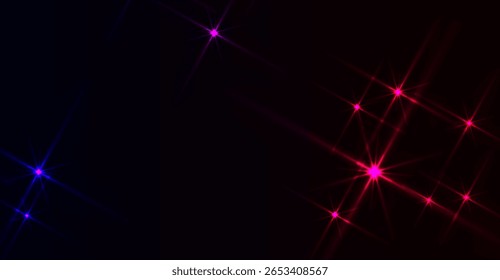 Formas impressionantes em forma de estrela com linhas radiantes criam uma tela de luz cativante contra um plano de fundo escurecido, apresentando tons de magenta vibrante, rosa vívido e tons de azul elétrico