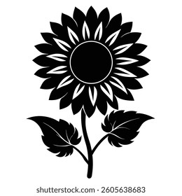 A striking, stylized black silhouette of a sunflower against a white background.