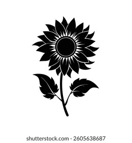 A striking, stylized black silhouette of a sunflower against a white background.