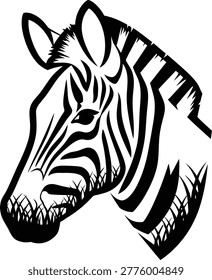 A striking, stylized black and white illustration of a zebra's head, featuring bold stripes and a touch of grass at the bottom. Ideal for graphic design and nature themes.