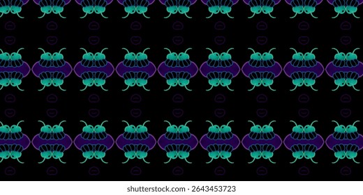 Striking symmetry, neon, beetle, abstract, bug design glowing against black. A futuristic entomological artwork perfect for backgrounds or apparel prints.
