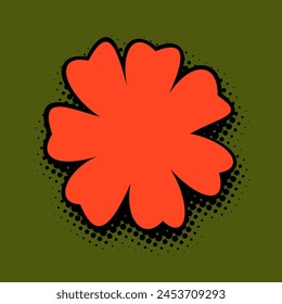 A striking tangerine flower silhouette stands out with sheer vibrancy against a rich emerald background, encircled by a playful arrangement of black halftone dots, exuding a retro yet modern feel.