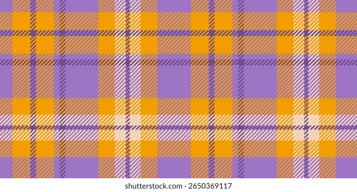 A striking tartan plaid pattern featuring bold purple and orange hues accented with beige tones in a crisscrossed geometric layout of squares and lines, ideal for modern textile or decorative designs