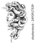 Striking tattoo illustration of Medusa with intricately detailed snake hair and a fierce, captivating expression