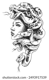 Striking tattoo illustration of Medusa with intricately detailed snake hair and a fierce, captivating expression