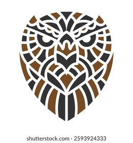 Striking tribal owl face tattoo design featuring bold geometric patterns in black and brown, symbolizing wisdom, strength, and intuition. Tribal Owl Face Tattoo with Bold Geometric Design