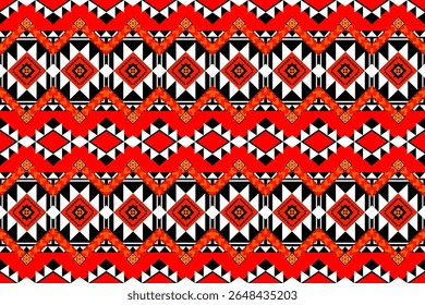A striking tribal pattern featuring black and white diamond shapes on a vivid red background. This energetic, repeatable design draws inspiration from ethnic textiles, ideal for fashion, posters, or i