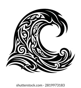A striking tribal wave tattoo design featuring intricate Polynesian style black ink patterns on a white background. Perfect for surf culture, beach themes, and art.