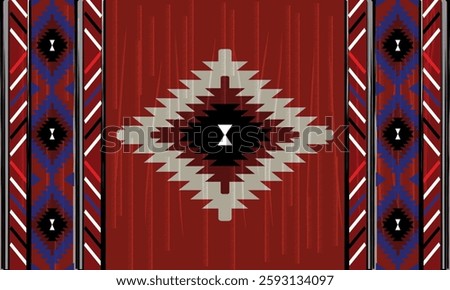 A striking tribal-inspired geometric pattern featuring a central diamond motif with sharp, stepped edges in black, beige, and deep red tones. The design is complemented by symmetrical side border's