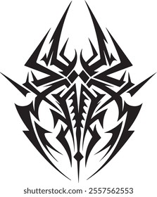 A striking tribal-style illustration in solid black, showcasing a symmetrical design that resembles an abstract spearhead or insect-like form. This composition features sharp.
