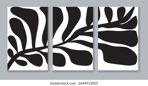  A striking triptych of black and white floral art. Bold silhouettes of leaves and vines create a sophisticated and modern design, perfect for adding a touch of elegance to any space.