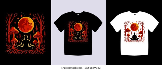 Um impressionante design de camiseta com uma figura meditativa cercada por cogumelos e uma lua cheia, perfeito para aqueles que buscam uma estética única e espiritual.
