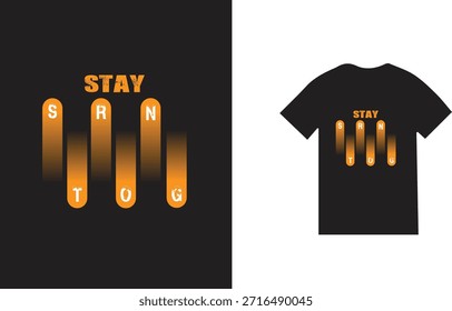Un llamativo diseño de camiseta con la poderosa frase 'Stay Strong'. La palabra 'Stay' se coloca arriba, mientras que 'Strong' se muestra creativamente verticalmente utilizando barras de degradado naranja-amarillo individuales para cada letra. Estas barras redondeadas tienen un efecto dinámico, casi desenfocado por el movimiento, dando al diseño una sensación moderna y energética. Los contrastantes tonos anaranjados sobre un fondo oscuro, posiblemente negro, hacen que el mensaje destaque. Este gráfico es adecuado para la ropa, transmitiendo resistencia y estímulo. El diseño es luego maquetado en una camiseta de manga corta negra lisa, ilustrando su atractivo como una pieza de ropa elegante e inspiradora.