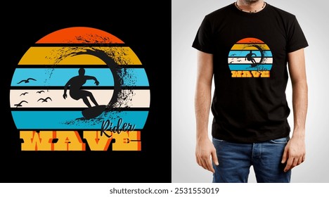 A striking t-shirt design of a surfer silhouette riding the waves with a retro sunset background, accompanied by the text "Wave Rider." Great for surf lovers and outdoor adventure enthusiasts.