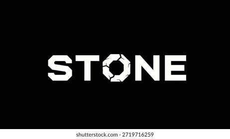 Un llamativo diseño tipográfico que presenta la palabra 'STONE' en letras blancas en negrita sobre un fondo negro. La letra 'O' es creativa
