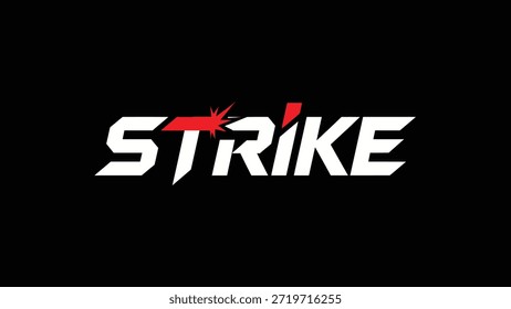 Um logotipo tipográfico marcante com a palavra "STRIKE" em letras negras brancas sans-serif sobre um fundo preto. Um gráfico vermelho vibrante