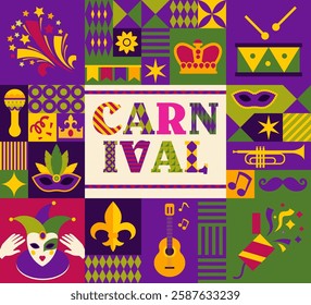 A striking typography artwork celebrating Mardi Gras with decorative letters, masks, and vibrant colors. A vector illustration.