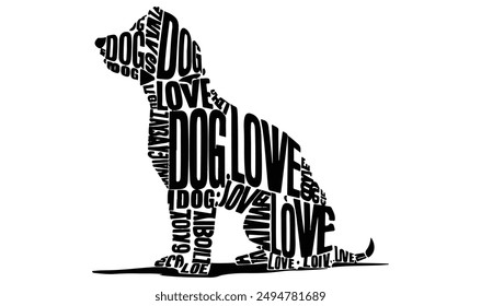 Eine auffällige ultra-minimalistische Illustration eines Hundes, bei der das Wort "Hund, Liebe" sorgfältig angeordnet ist, um die Silhouette der Hundefigur zu bilden. Die klaren Linien und der starke Kontrast von schwarzem Text