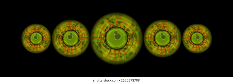 striking and unique abstract image featuring a series of vibrant green, glassy orbs or spheres, each detailed with an intricate red grid pattern. vector illustration