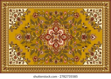 A striking and uniquely designed traditional Persian or Turkish-style area carpet 
featuring a distinctive stepped octagonal central medallion rendered in deep 
burgundy red, richly filled with intricate olive green botanical arabesques, 
acanthus leaf scrollwork, tulip and carnation floral motifs in golden amber, 
ivory, and blush pink tones. At the very center sits a refined golden square 
inner frame containing an exquisite white floral rosette composition — creating 
a dramatic focal point of exceptional detail and artistry. The medallion's 
bold geometric stepped outline in alternating cream and gold tones is a highly 
distinctive feature rarely seen in standard Persian carpet designs, giving this 
piece a unique architectural quality. Large cream ivory open corner fields are 
adorned with asymmetric lush botanical bouquet compositions in olive green, 
rust red, and golden tones. The entire composition is framed by a warm golden 
brown multi-layered border system featuring a continuous teardrop paisley 
repeat pattern in rust and gold — a classic Ottoman decorative element. 
Ideal for luxury interior design presentations, heritage textile catalogs, 
hotel and palace decor references, cultural heritage publications, and 
commercial or editorial use in print and digital media.