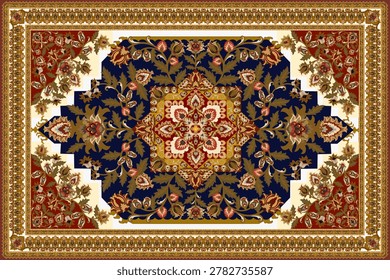 A striking and uniquely designed traditional Persian or Turkish-style area carpet 
featuring a distinctive stepped octagonal central medallion rendered in deep 
burgundy red, richly filled with intricate olive green botanical arabesques, 
acanthus leaf scrollwork, tulip and carnation floral motifs in golden amber, 
ivory, and blush pink tones. At the very center sits a refined golden square 
inner frame containing an exquisite white floral rosette composition — creating 
a dramatic focal point of exceptional detail and artistry. The medallion's 
bold geometric stepped outline in alternating cream and gold tones is a highly 
distinctive feature rarely seen in standard Persian carpet designs, giving this 
piece a unique architectural quality. Large cream ivory open corner fields are 
adorned with asymmetric lush botanical bouquet compositions in olive green, 
rust red, and golden tones. The entire composition is framed by a warm golden 
brown multi-layered border system featuring a continuous teardrop paisley 
repeat pattern in rust and gold — a classic Ottoman decorative element. 
Ideal for luxury interior design presentations, heritage textile catalogs, 
hotel and palace decor references, cultural heritage publications, and 
commercial or editorial use in print and digital media.