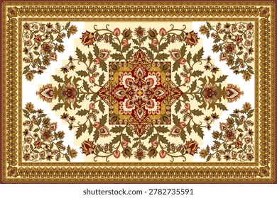 A striking and uniquely designed traditional Persian or Turkish-style area carpet 
featuring a distinctive stepped octagonal central medallion rendered in deep 
burgundy red, richly filled with intricate olive green botanical arabesques, 
acanthus leaf scrollwork, tulip and carnation floral motifs in golden amber, 
ivory, and blush pink tones. At the very center sits a refined golden square 
inner frame containing an exquisite white floral rosette composition — creating 
a dramatic focal point of exceptional detail and artistry. The medallion's 
bold geometric stepped outline in alternating cream and gold tones is a highly 
distinctive feature rarely seen in standard Persian carpet designs, giving this 
piece a unique architectural quality. Large cream ivory open corner fields are 
adorned with asymmetric lush botanical bouquet compositions in olive green, 
rust red, and golden tones. The entire composition is framed by a warm golden 
brown multi-layered border system featuring a continuous teardrop paisley 
repeat pattern in rust and gold — a classic Ottoman decorative element. 
Ideal for luxury interior design presentations, heritage textile catalogs, 
hotel and palace decor references, cultural heritage publications, and 
commercial or editorial use in print and digital media.