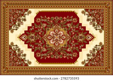 A striking and uniquely designed traditional Persian or Turkish-style area carpet 
featuring a distinctive stepped octagonal central medallion rendered in deep 
burgundy red, richly filled with intricate olive green botanical arabesques, 
acanthus leaf scrollwork, tulip and carnation floral motifs in golden amber, 
ivory, and blush pink tones. At the very center sits a refined golden square 
inner frame containing an exquisite white floral rosette composition — creating 
a dramatic focal point of exceptional detail and artistry. The medallion's 
bold geometric stepped outline in alternating cream and gold tones is a highly 
distinctive feature rarely seen in standard Persian carpet designs, giving this 
piece a unique architectural quality. Large cream ivory open corner fields are 
adorned with asymmetric lush botanical bouquet compositions in olive green, 
rust red, and golden tones. The entire composition is framed by a warm golden 
brown multi-layered border system featuring a continuous teardrop paisley 
repeat pattern in rust and gold — a classic Ottoman decorative element. 
Ideal for luxury interior design presentations, heritage textile catalogs, 
hotel and palace decor references, cultural heritage publications, and 
commercial or editorial use in print and digital media.