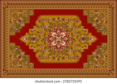 A striking and uniquely designed traditional Persian or Turkish-style area carpet 
featuring a distinctive stepped octagonal central medallion rendered in deep 
burgundy red, richly filled with intricate olive green botanical arabesques, 
acanthus leaf scrollwork, tulip and carnation floral motifs in golden amber, 
ivory, and blush pink tones. At the very center sits a refined golden square 
inner frame containing an exquisite white floral rosette composition — creating 
a dramatic focal point of exceptional detail and artistry. The medallion's 
bold geometric stepped outline in alternating cream and gold tones is a highly 
distinctive feature rarely seen in standard Persian carpet designs, giving this 
piece a unique architectural quality. Large cream ivory open corner fields are 
adorned with asymmetric lush botanical bouquet compositions in olive green, 
rust red, and golden tones. The entire composition is framed by a warm golden 
brown multi-layered border system featuring a continuous teardrop paisley 
repeat pattern in rust and gold — a classic Ottoman decorative element. 
Ideal for luxury interior design presentations, heritage textile catalogs, 
hotel and palace decor references, cultural heritage publications, and 
commercial or editorial use in print and digital media.