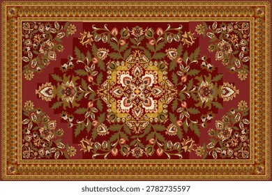 A striking and uniquely designed traditional Persian or Turkish-style area carpet 
featuring a distinctive stepped octagonal central medallion rendered in deep 
burgundy red, richly filled with intricate olive green botanical arabesques, 
acanthus leaf scrollwork, tulip and carnation floral motifs in golden amber, 
ivory, and blush pink tones. At the very center sits a refined golden square 
inner frame containing an exquisite white floral rosette composition — creating 
a dramatic focal point of exceptional detail and artistry. The medallion's 
bold geometric stepped outline in alternating cream and gold tones is a highly 
distinctive feature rarely seen in standard Persian carpet designs, giving this 
piece a unique architectural quality. Large cream ivory open corner fields are 
adorned with asymmetric lush botanical bouquet compositions in olive green, 
rust red, and golden tones. The entire composition is framed by a warm golden 
brown multi-layered border system featuring a continuous teardrop paisley 
repeat pattern in rust and gold — a classic Ottoman decorative element. 
Ideal for luxury interior design presentations, heritage textile catalogs, 
hotel and palace decor references, cultural heritage publications, and 
commercial or editorial use in print and digital media.