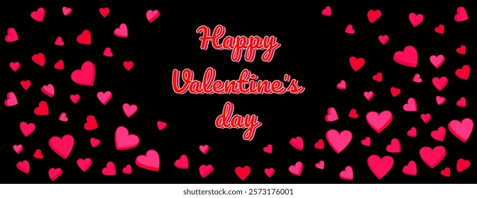 Striking Valentine's Day background featuring layered pink and red hearts scattered on a black backdrop. Ideal for holiday-themed designs, banners, greeting cards,  festive decorations.