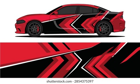 A striking vector car wrap design featuring bold red and black chevron stripes, creating a dynamic and aggressive racing livery. Perfect for high-performance vehicles, this design emphasizes speed and