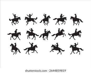 A striking vector collection presents a diverse silhouette set of cowboys skillfully riding horses.