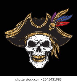 A striking vector design featuring a grinning pirate skull adorned with a glittery gold bicorne hat, a skull emblem, and vibrant feathers.