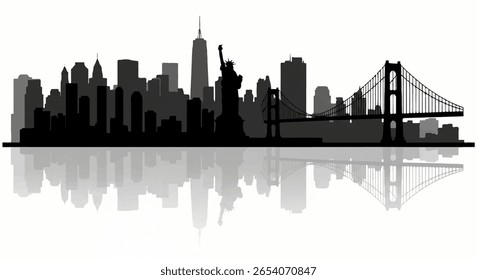 Striking vector flat illustration of the iconic New York City skyline in bold black silhouette style, beautifully mirrored below to suggest a reflective water surface.