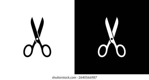 A striking vector graphic displays a pair of open scissors shown on both a white and black background, highlighting its simple tool representation.