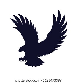 A striking vector graphic featuring a dark, solid silhouette of an eagle in flight with powerful outstretched wings, ideal for impactful visual representations.