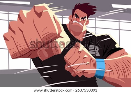 Striking vector illustration of an aggressive man with big fists, showcasing raw power and intensity. Perfect for sports, fitness, and motivational themes.