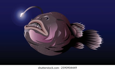 A striking vector illustration of an anglerfish, a deep-sea predator known for its bioluminescent lure. This digital artwork features the anglerfish in a dark ocean, glowing light used to attract prey