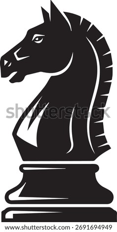 A striking vector illustration of a black chess knight piece, showcasing its iconic horse head design with elegant curves and a solid silhouette.