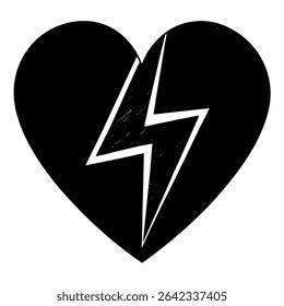 A striking vector illustration depicts a black heart pierced by a lightning bolt, a powerful symbol of love, pain, and intense electric connection. The grunge and distressed aesthetic gives