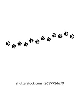 A striking vector illustration depicts a series of bold, black paw prints forming a trail across a pristine white background. This design features detailed footprints, ideal for pet-related projects. 
